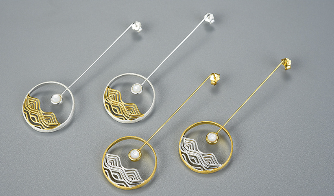 Golden Waves and Mother of Pearl Sunrise Earrings, Sterling Silver 18k Gold Plated
