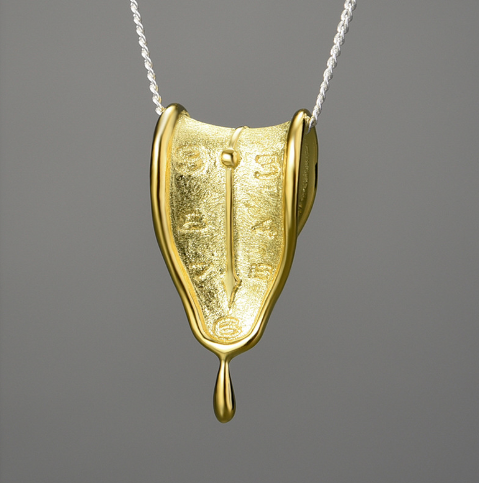 The Persistence of Memory Melting Clocks Sterling Silver 18K Gold Plated Necklace (With Golden Chain)