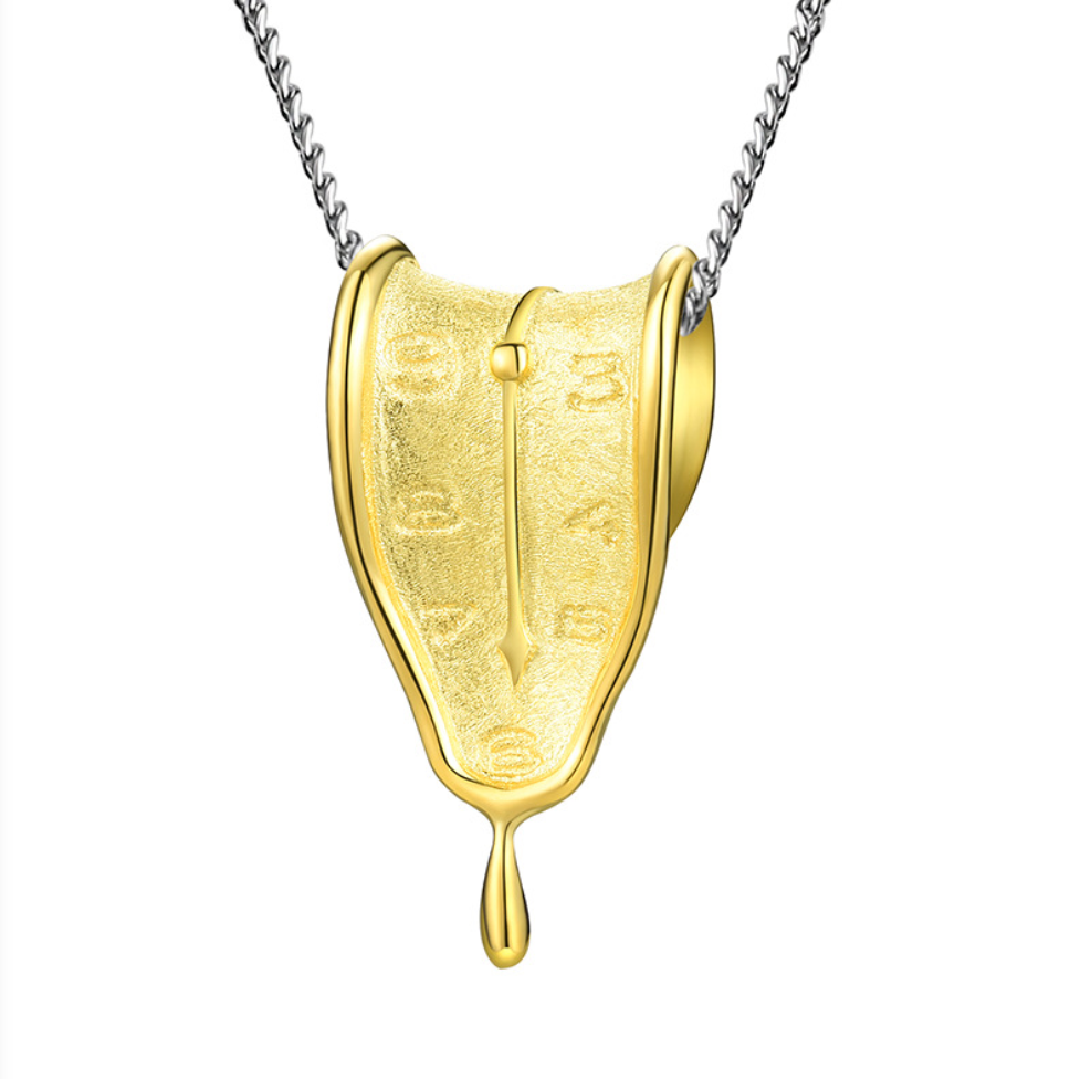 The Persistence of Memory Melting Clocks Sterling Silver 18K Gold Plated Necklace (With Golden Chain)