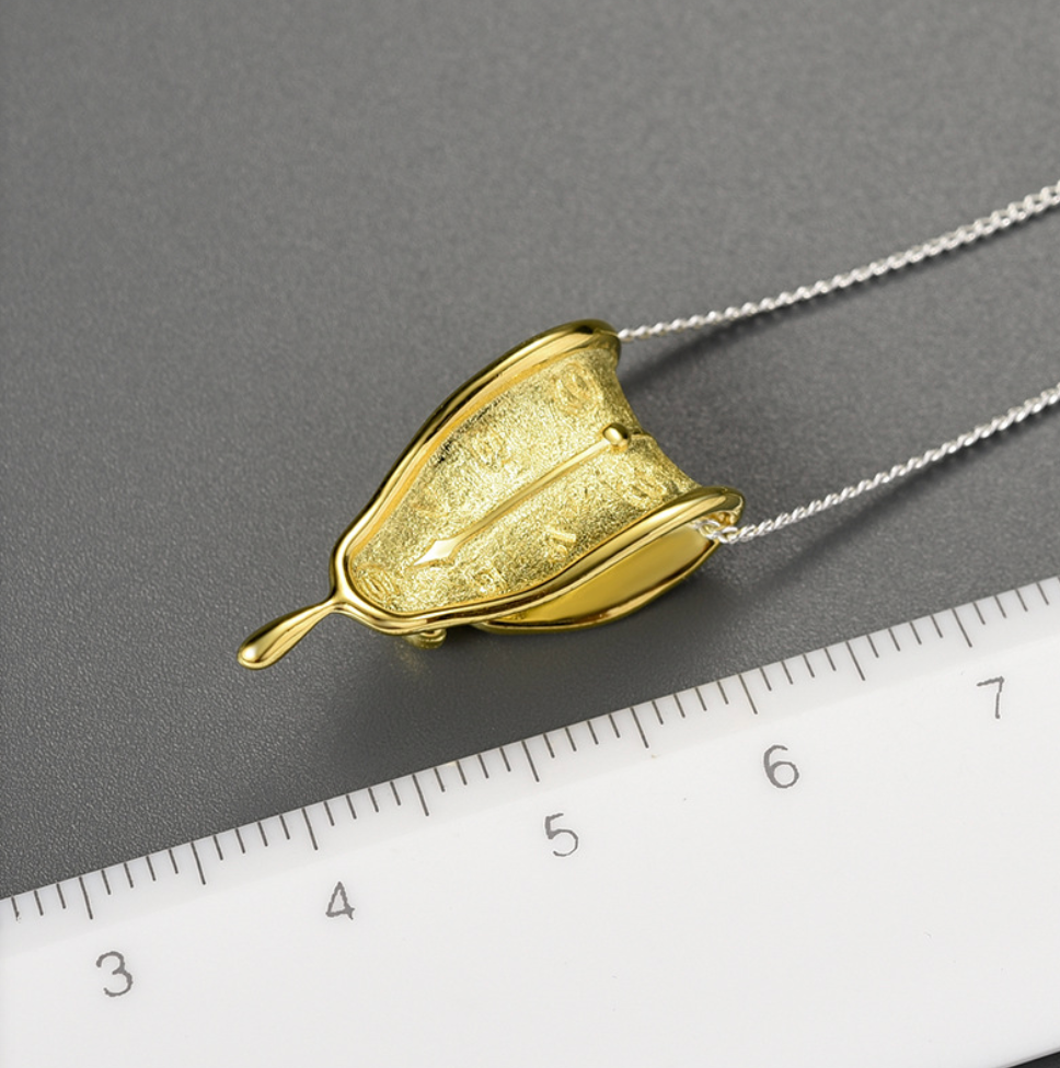 The Persistence of Memory Melting Clocks Sterling Silver 18K Gold Plated Necklace (With Golden Chain)