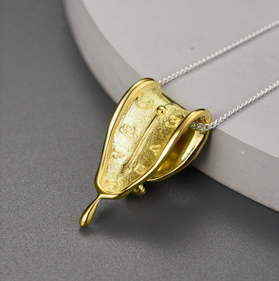 The Persistence of Memory Melting Clocks Sterling Silver 18K Gold Plated Necklace (With Golden Chain)