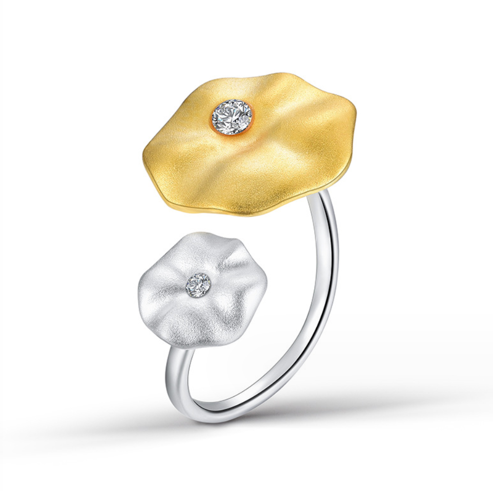 Luminous Dew on Lotus Leaves Ring, Sterling Silver 18k Gold Plated