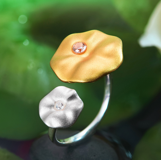 Luminous Dew on Lotus Leaves Ring, Sterling Silver 18k Gold Plated