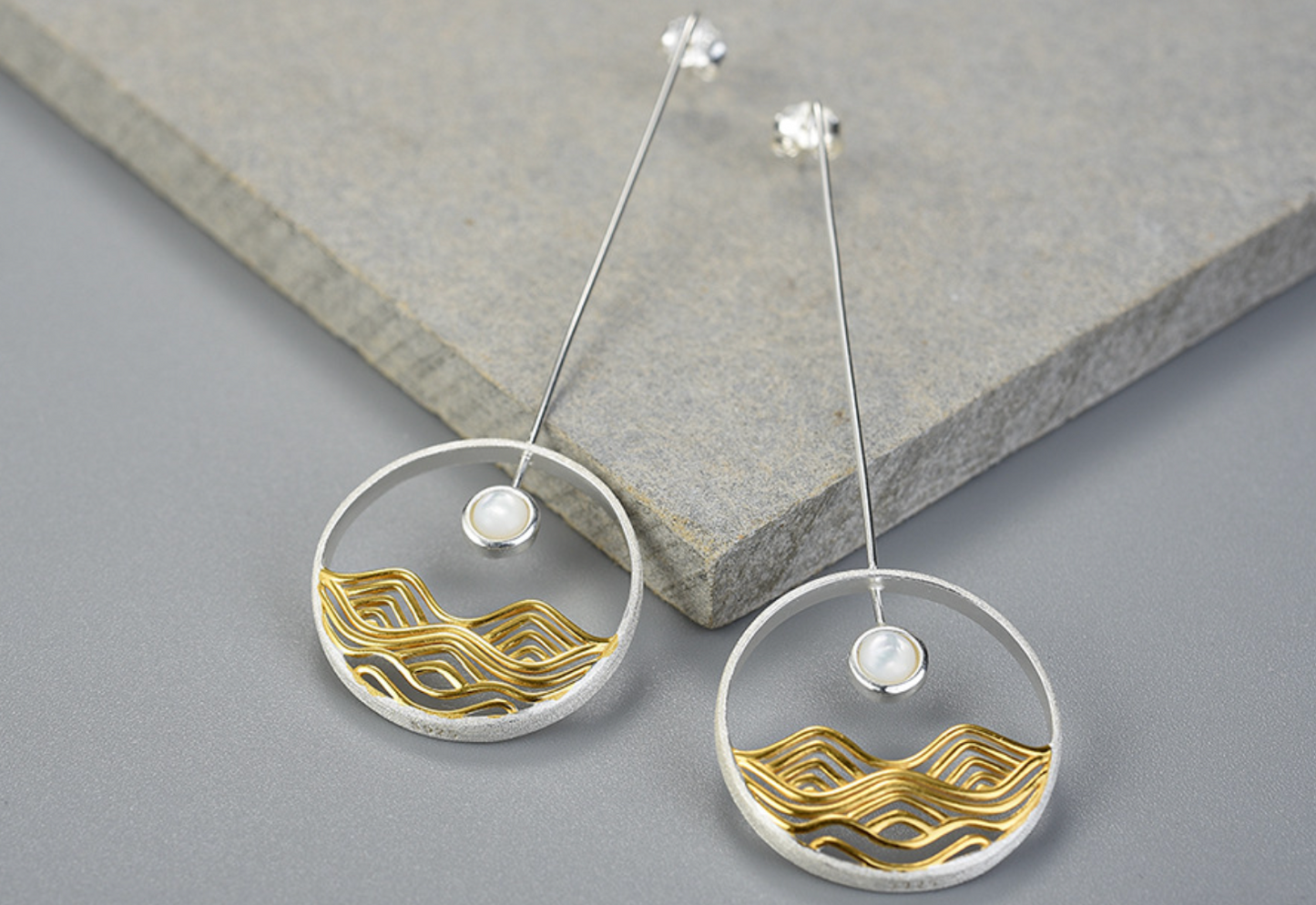 Golden Waves and Mother of Pearl Sunrise Earrings, Sterling Silver 18k Gold Plated