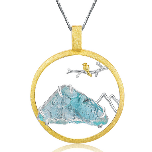 Mountain Whisper Aquamarine & Gold Bird Pendant, Sterling Silver 18k Gold Plated