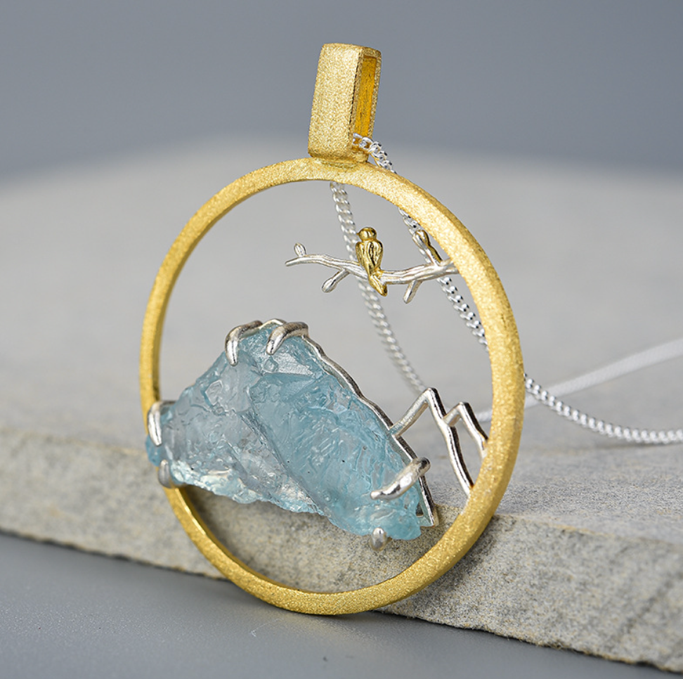 Mountain Whisper Aquamarine & Gold Bird Pendant, Sterling Silver 18k Gold Plated