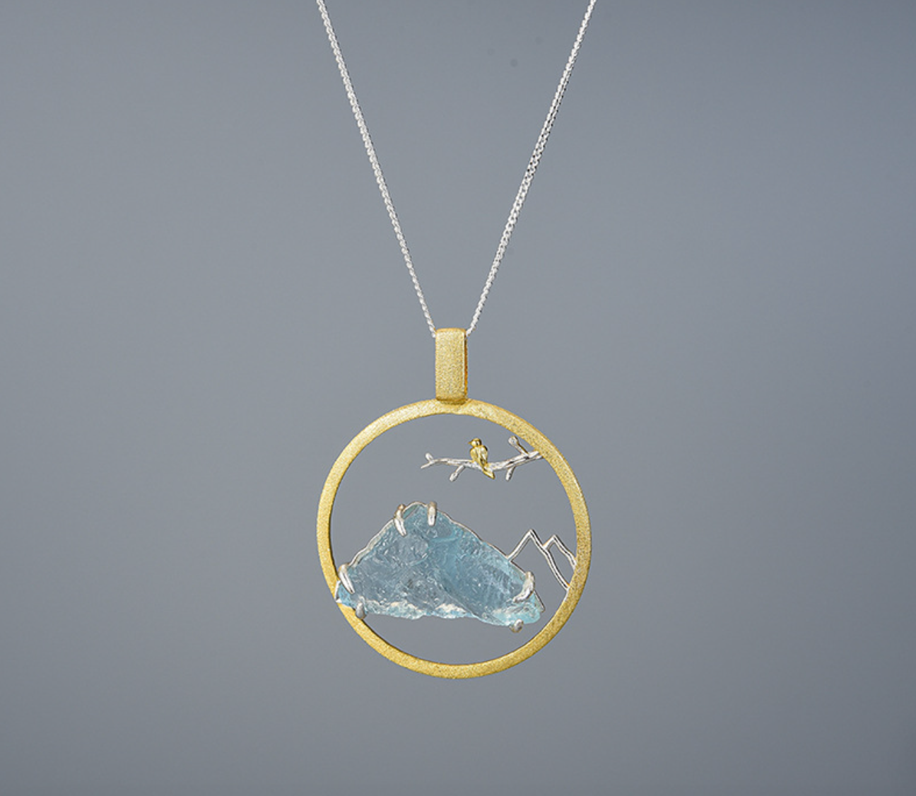 Mountain Whisper Aquamarine & Gold Bird Pendant, Sterling Silver 18k Gold Plated