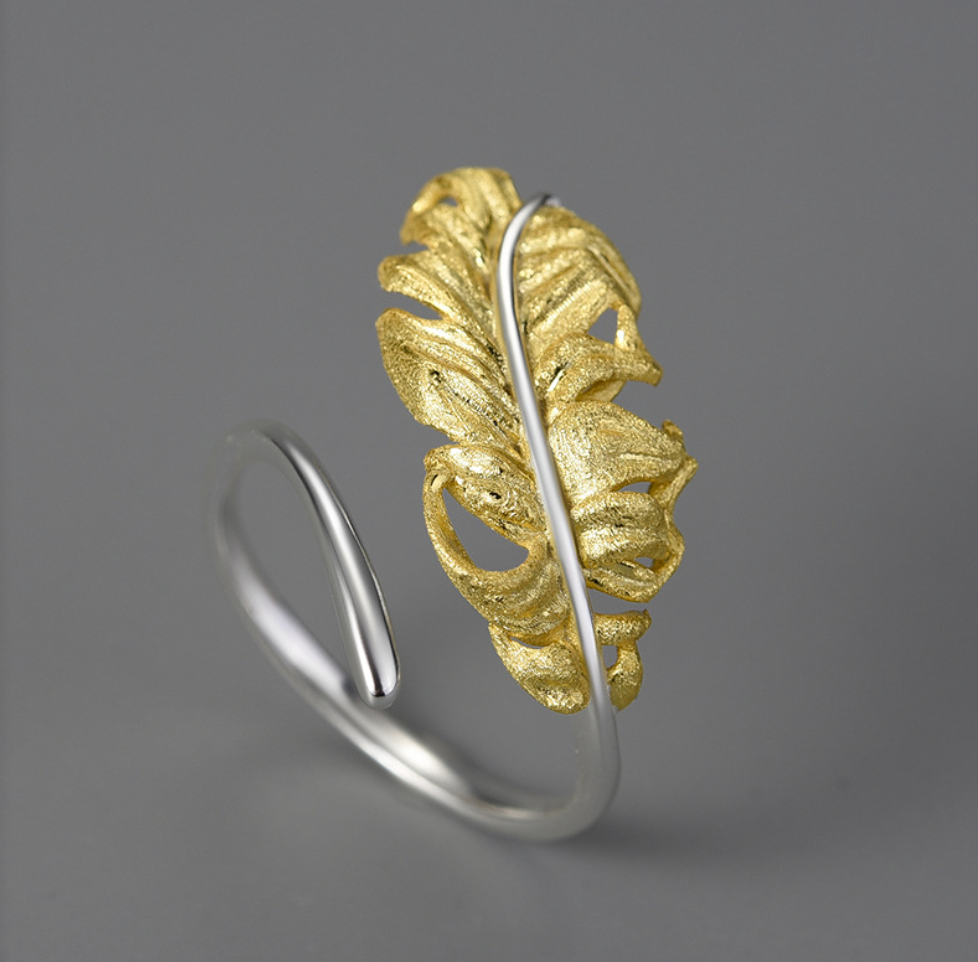 Whispering Feather Adjustable Ring, S925 Sterling silver, 18K Gold Plating