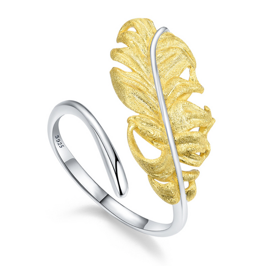 Whispering Feather Adjustable Ring, S925 Sterling silver, 18K Gold Plating