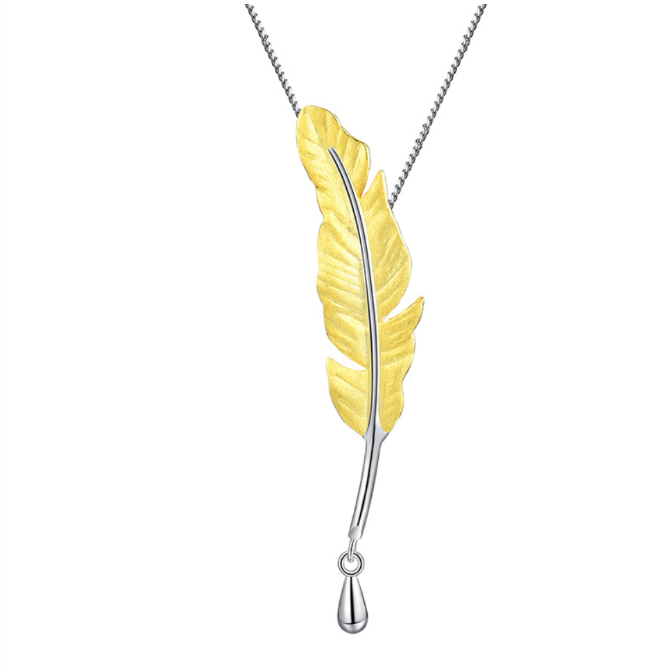 Elegant Golden Goose Feather & Silver Ink Drop Pendant