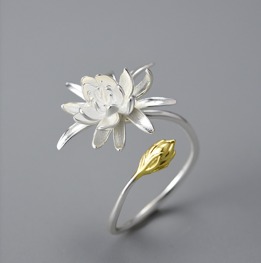 Golden Bud & Silver Night-Blooming Cereus Adjustable Ring