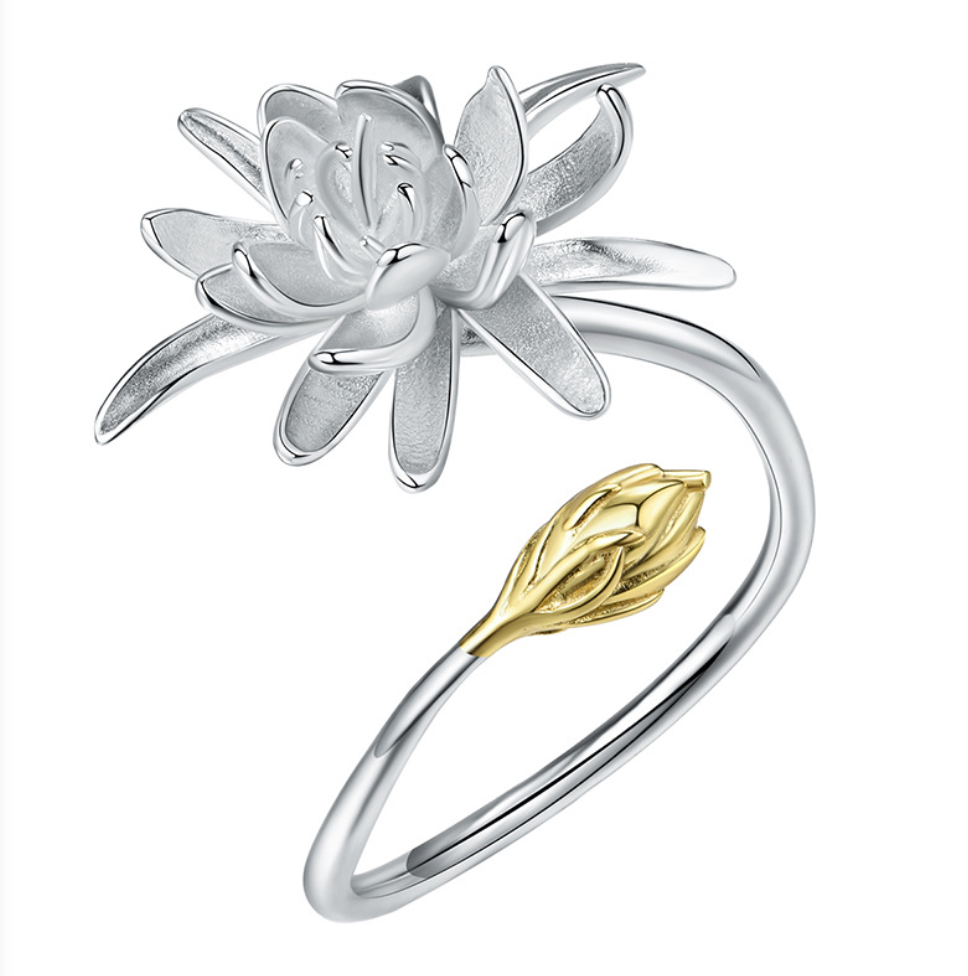 Golden Bud & Silver Night-Blooming Cereus Adjustable Ring