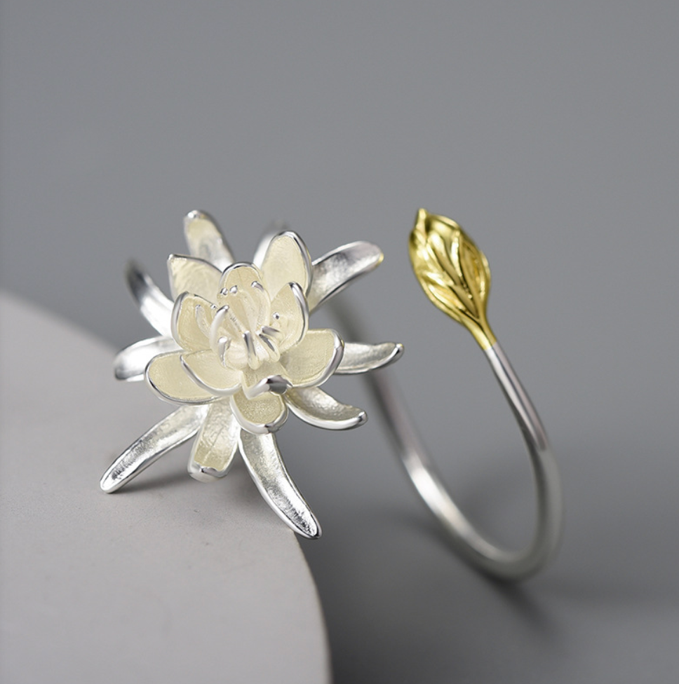 Golden Bud & Silver Night-Blooming Cereus Adjustable Ring