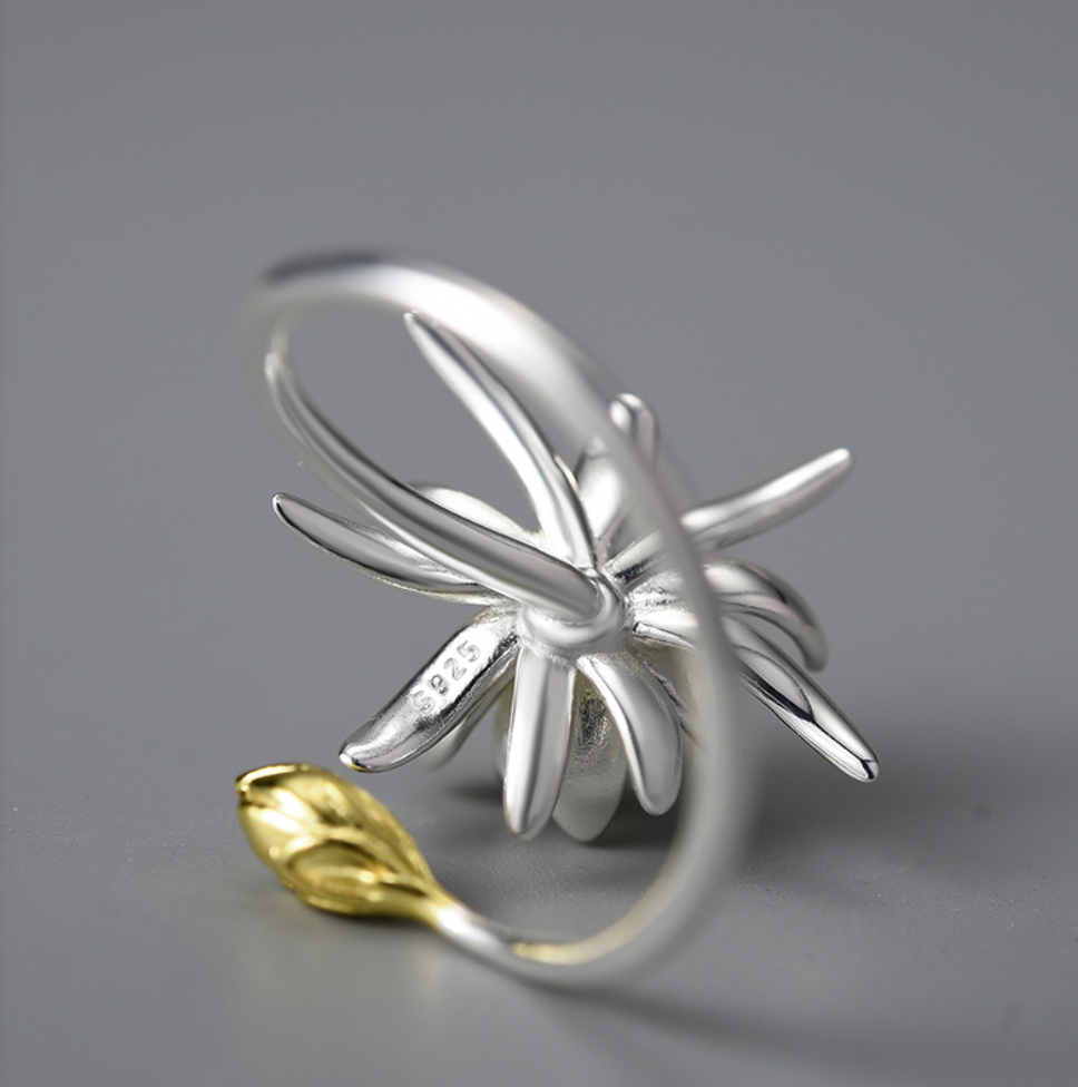 Golden Bud & Silver Night-Blooming Cereus Adjustable Ring