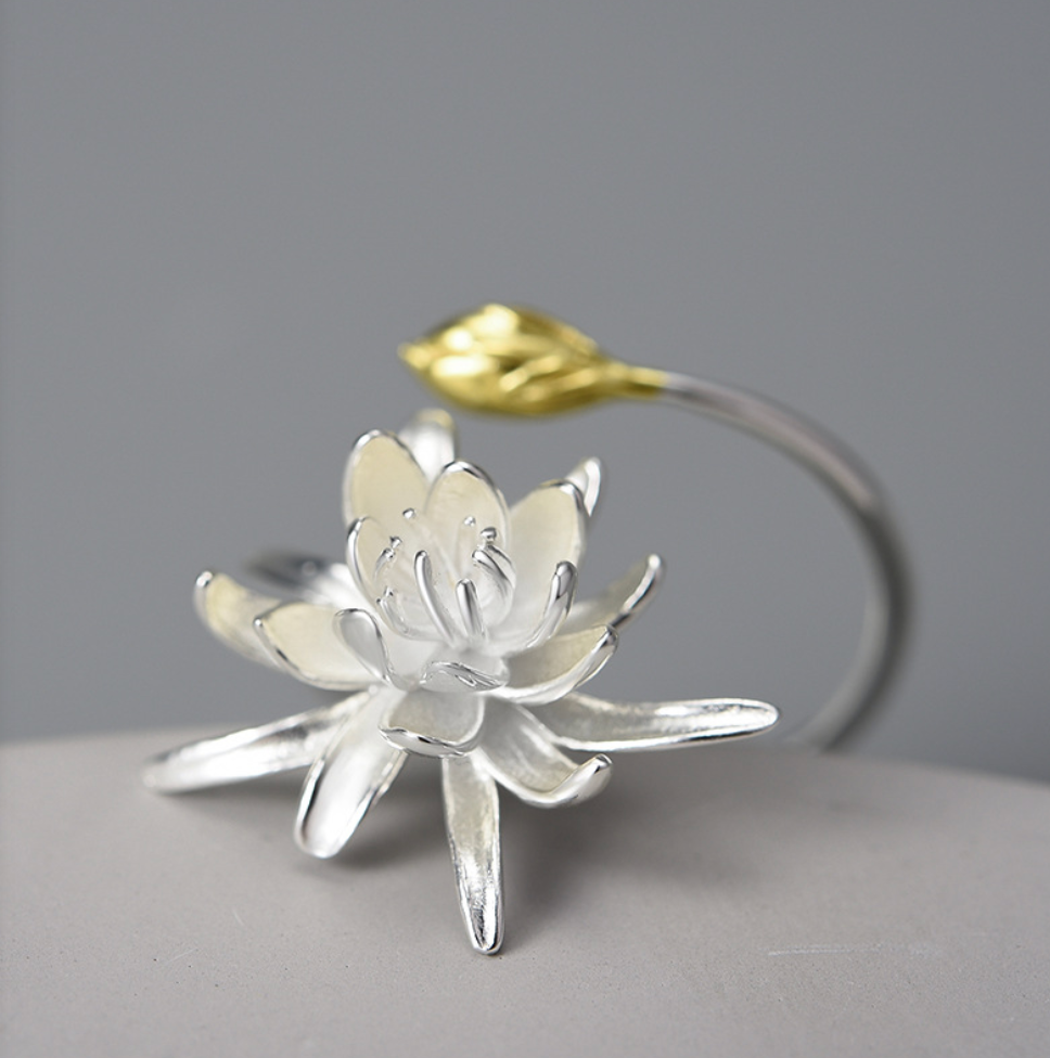 Golden Bud & Silver Night-Blooming Cereus Adjustable Ring