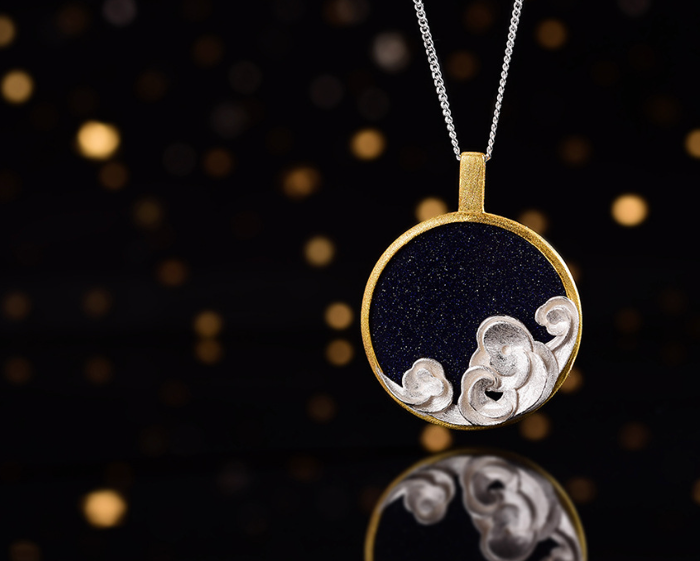 Starry Seascape Blue Sandstone & Silver Pendant, Sterling Silver 18k Gold Plated