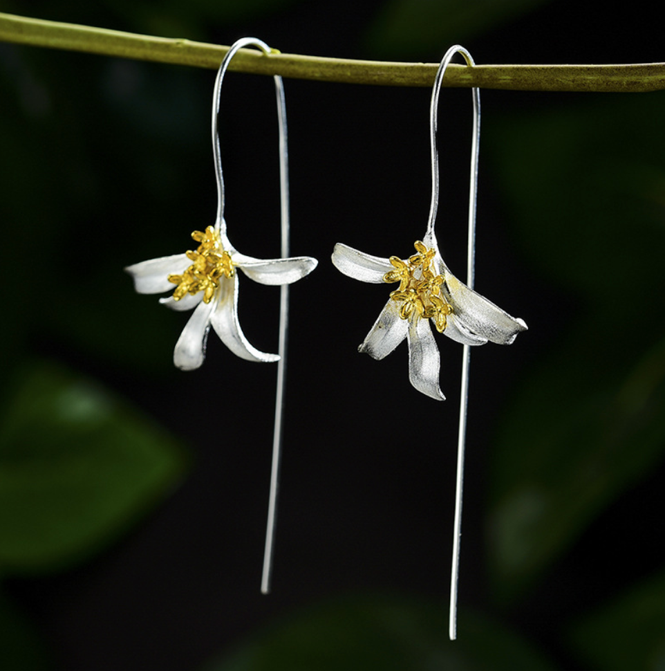 Golden Osmanthus Quintet and Silver Leaves Earrings, Sterling Silver 18k Gold Plated