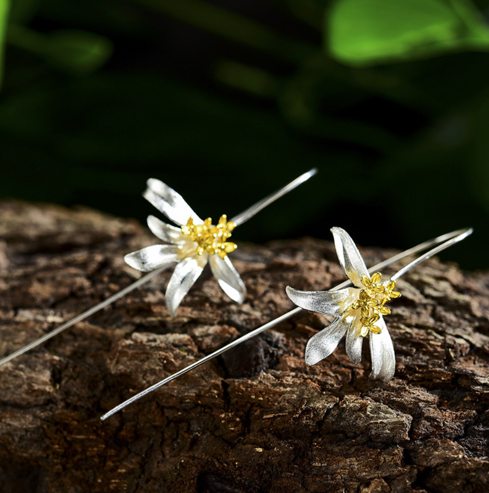 Golden Osmanthus Quintet and Silver Leaves Earrings, Sterling Silver 18k Gold Plated