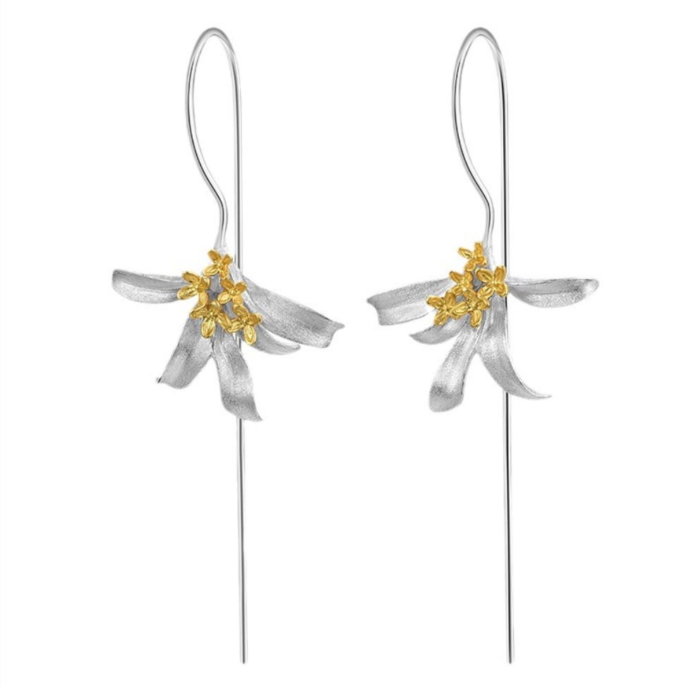 Golden Osmanthus Quintet and Silver Leaves Earrings, Sterling Silver 18k Gold Plated