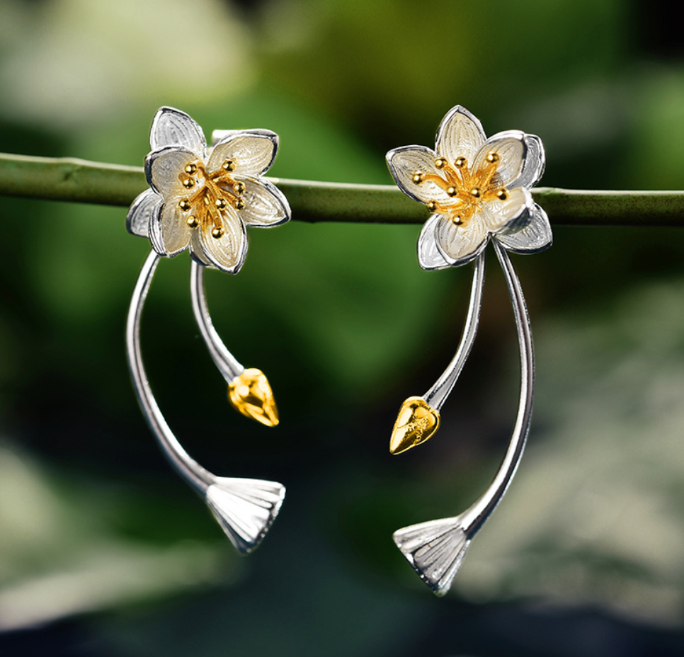 Serene Lotus Bloom Sterling Earrings, Sterling Silver 18k Gold Plated