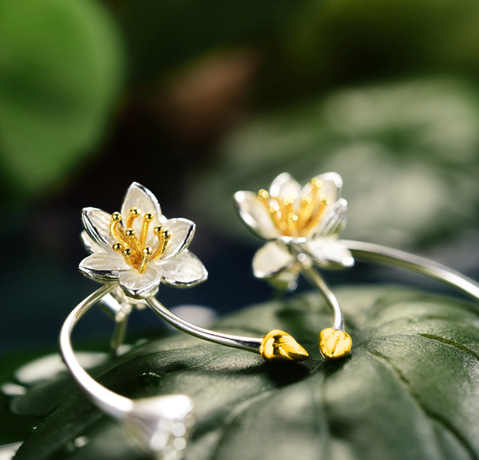 Serene Lotus Bloom Sterling Earrings, Sterling Silver 18k Gold Plated