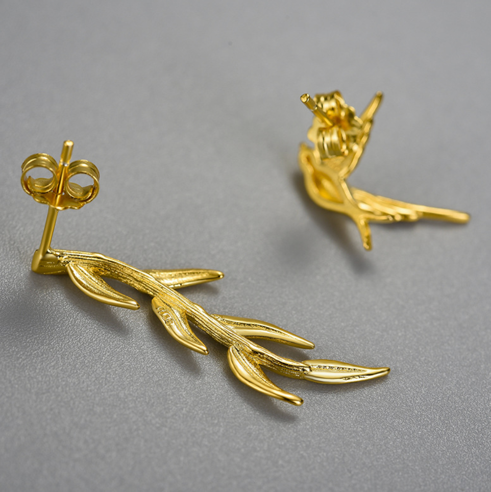 Golden Harmony Bird & Willow Sterling Silver 18K Gold Plated Stud Earrings