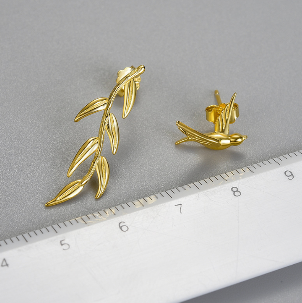 Golden Harmony Bird & Willow Sterling Silver 18K Gold Plated Stud Earrings