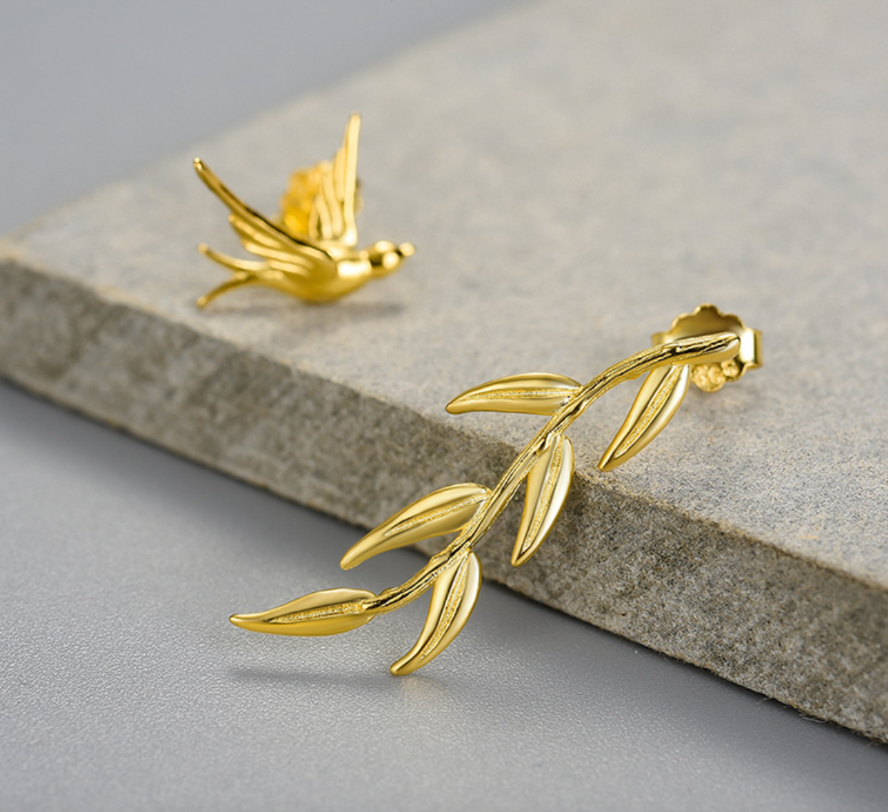 Golden Harmony Bird & Willow Sterling Silver 18K Gold Plated Stud Earrings