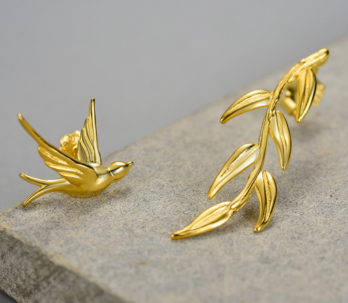 Golden Harmony Bird & Willow Sterling Silver 18K Gold Plated Stud Earrings