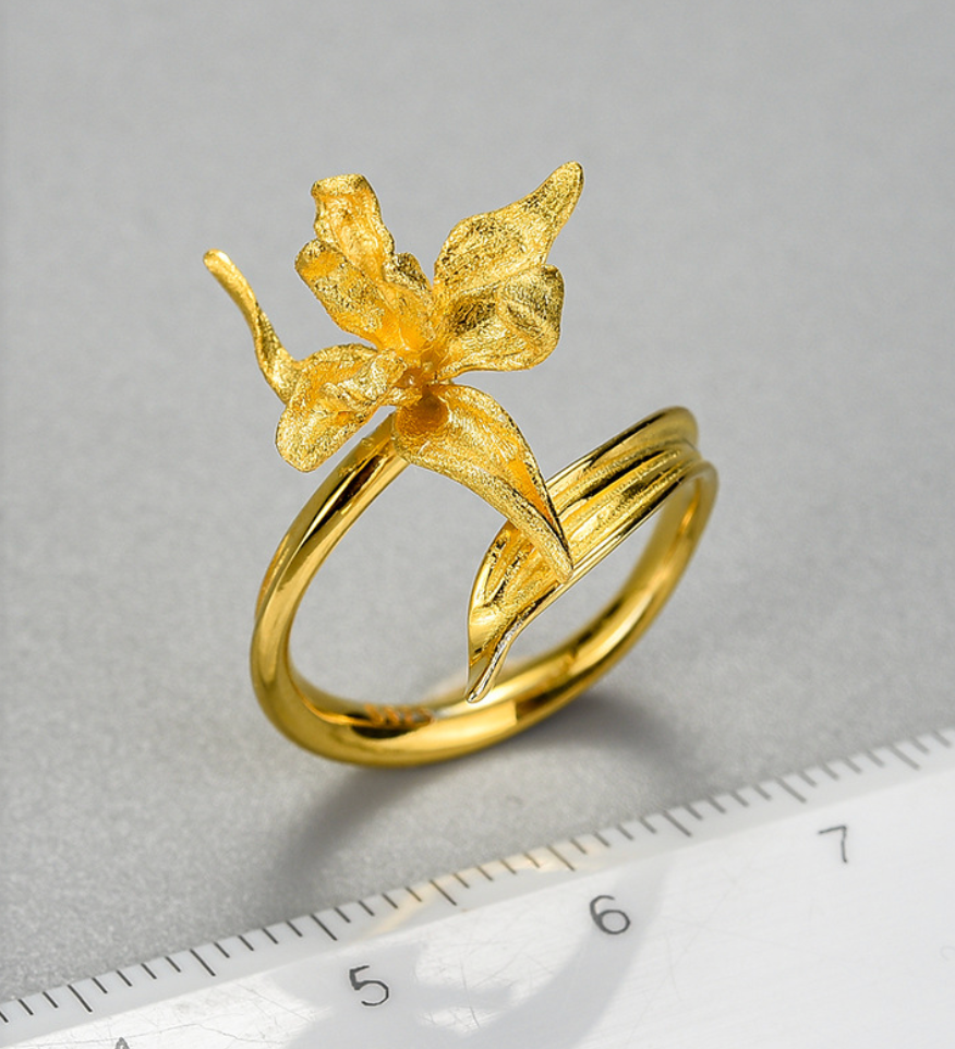 Golden Iris Blossom Adjustable Sterling Silver 18K Gold Plated Ring