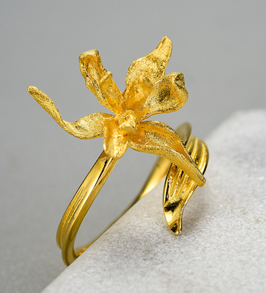 Golden Iris Blossom Adjustable Sterling Silver 18K Gold Plated Ring