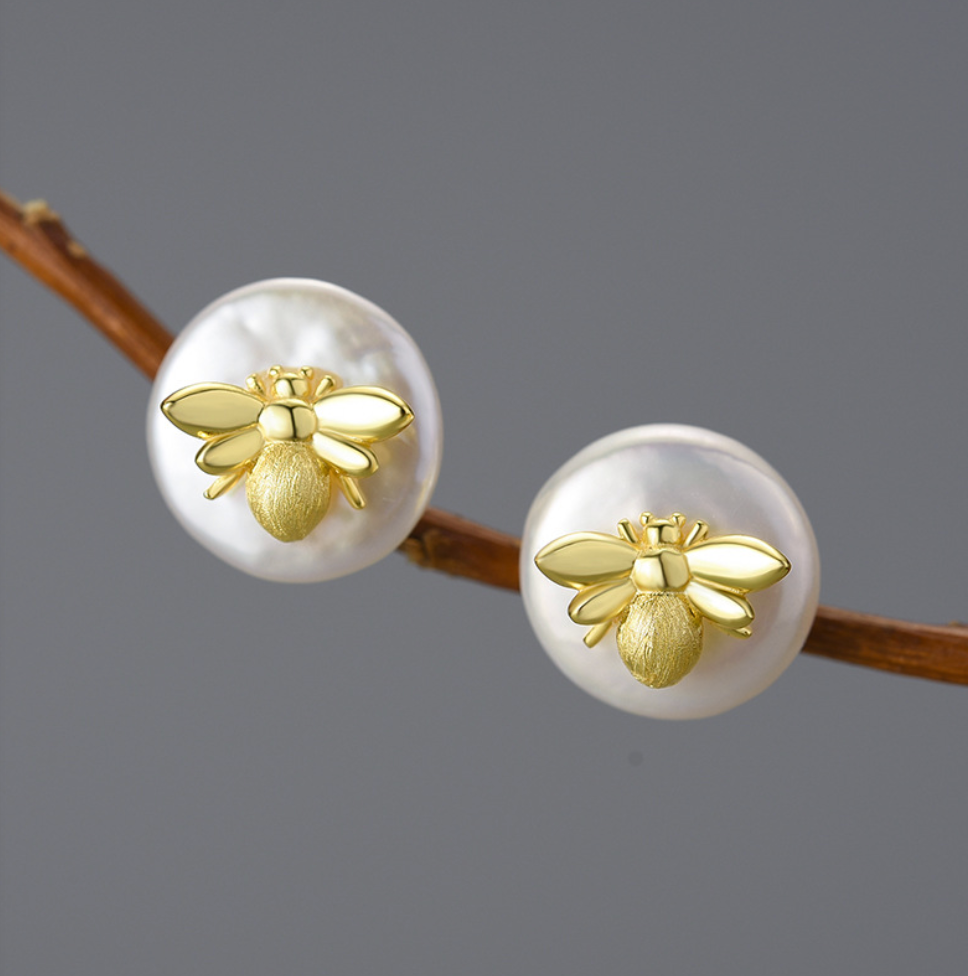 Golden Bee & Baroque Pearl Sterling Silver 18K Gold Plated Stud Earrings