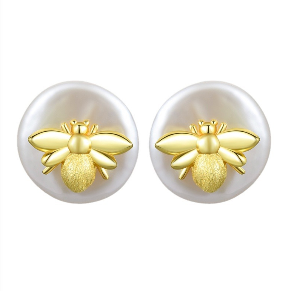 Golden Bee & Baroque Pearl Sterling Silver 18K Gold Plated Stud Earrings