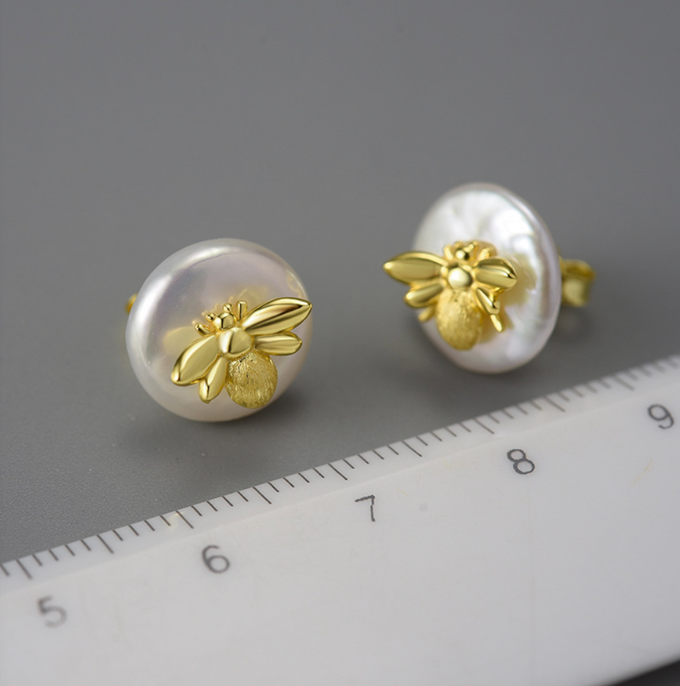 Golden Bee & Baroque Pearl Sterling Silver 18K Gold Plated Stud Earrings