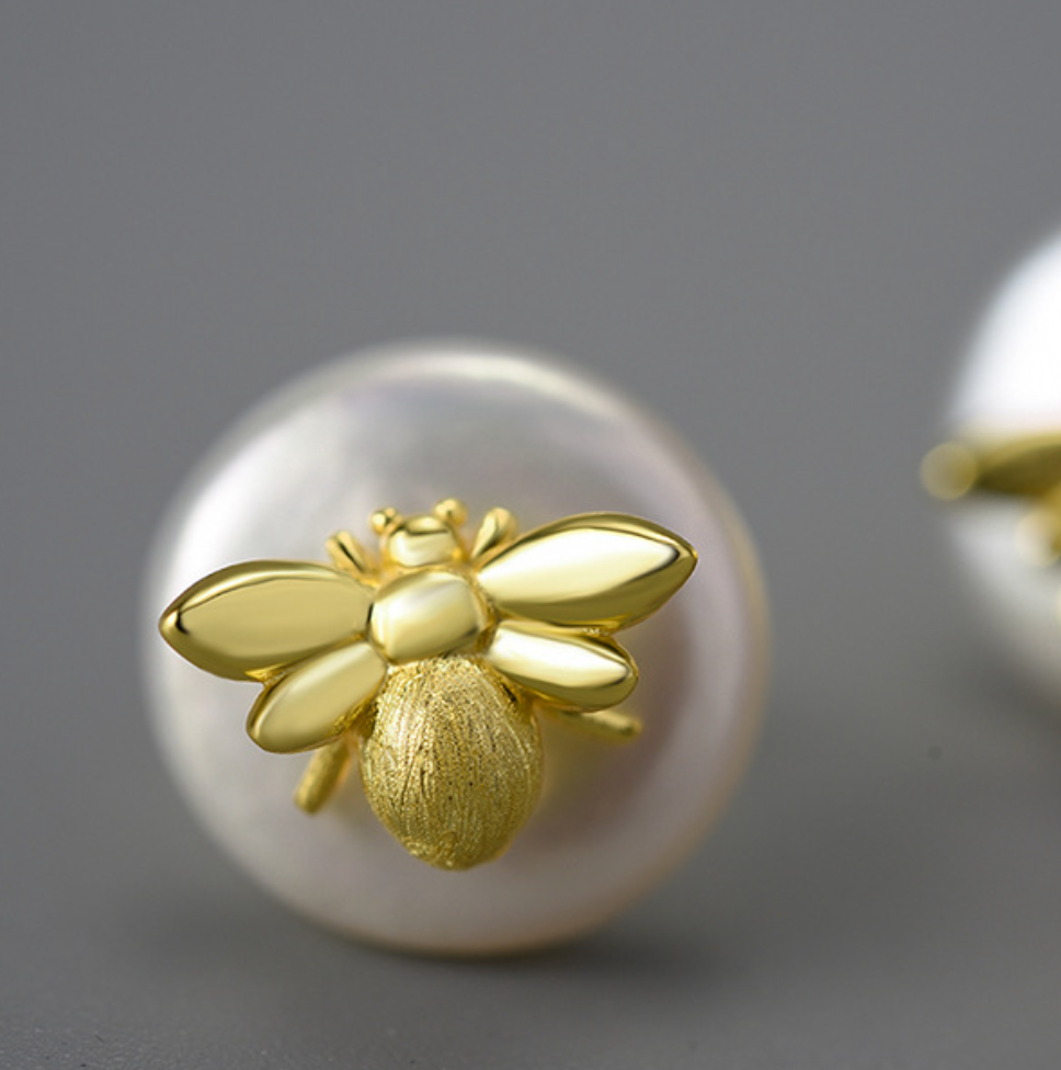 Golden Bee & Baroque Pearl Sterling Silver 18K Gold Plated Stud Earrings