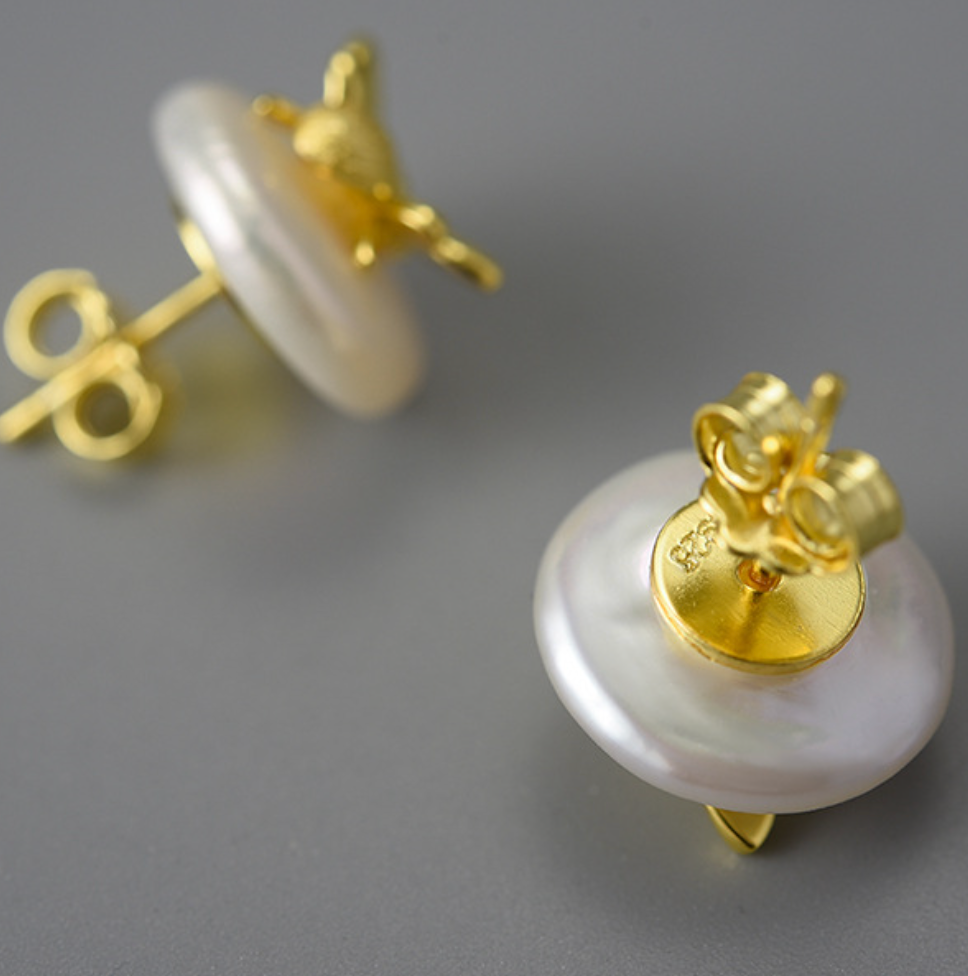 Golden Bee & Baroque Pearl Sterling Silver 18K Gold Plated Stud Earrings