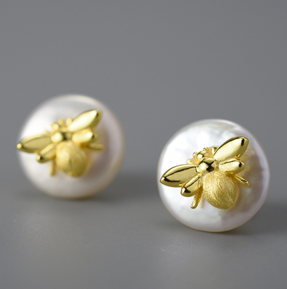 Golden Bee & Baroque Pearl Sterling Silver 18K Gold Plated Stud Earrings