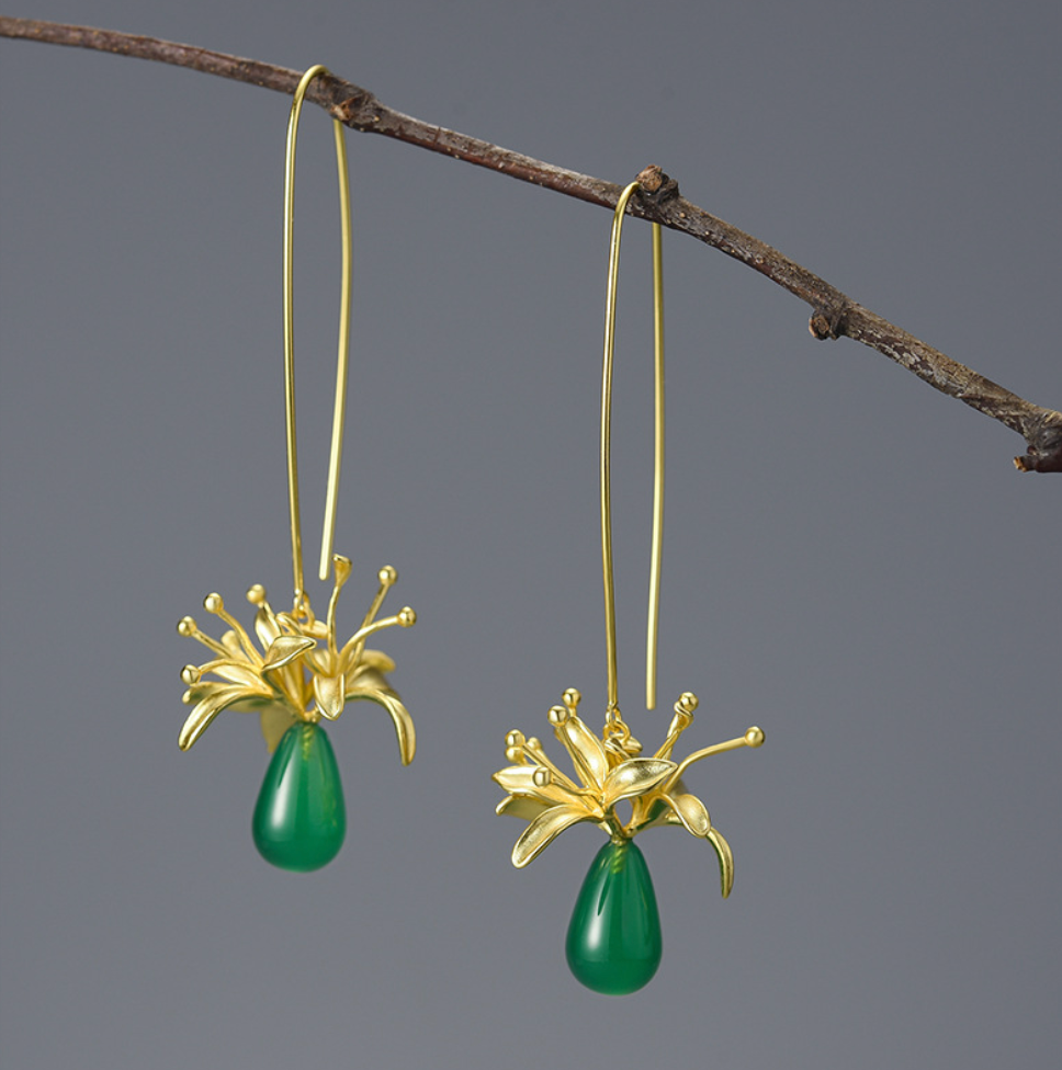 Golden Lycoris & Green Chalcedony Sterling Silver 18K Gold Plated Drop Earrings