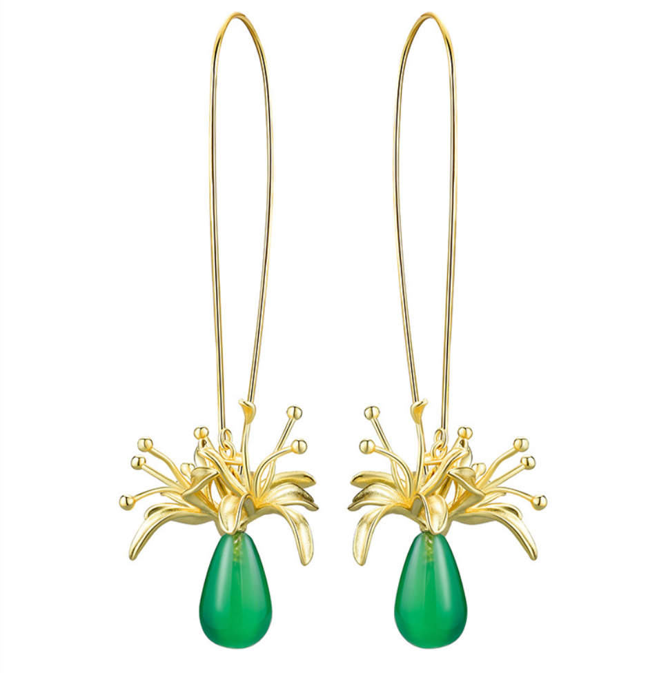 Golden Lycoris & Green Chalcedony Sterling Silver 18K Gold Plated Drop Earrings