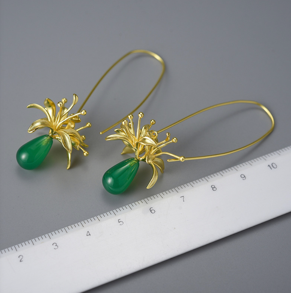 Golden Lycoris & Green Chalcedony Sterling Silver 18K Gold Plated Drop Earrings