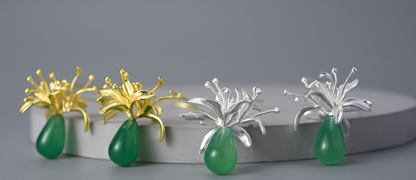 Golden Lycoris & Green Chalcedony Sterling Silver 18K Gold Plated Drop Earrings