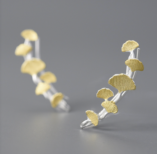 Golden Ginkgo Leaves on Silver Branch Long Sterling Silver 18K Gold Plated Stud Earrings