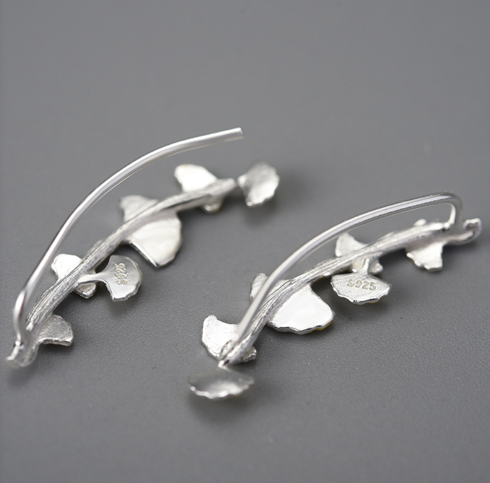 Golden Ginkgo Leaves on Silver Branch Long Sterling Silver 18K Gold Plated Stud Earrings