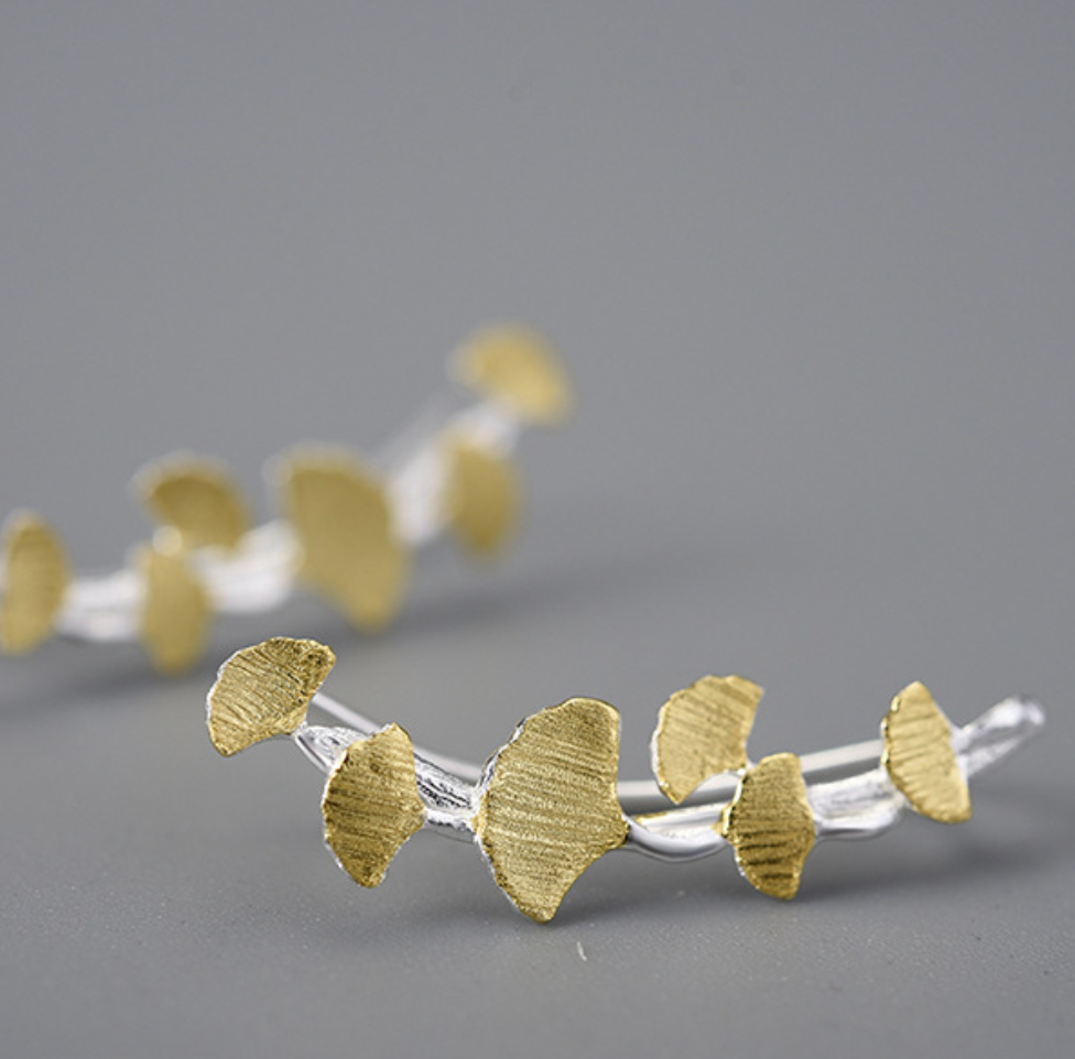 Golden Ginkgo Leaves on Silver Branch Long Sterling Silver 18K Gold Plated Stud Earrings