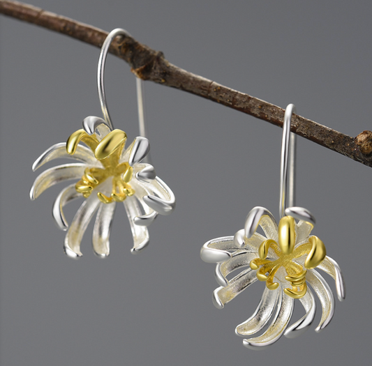 Golden Core Chrysanthemum Sterling Silver 18K Gold Plated Drop Earrings