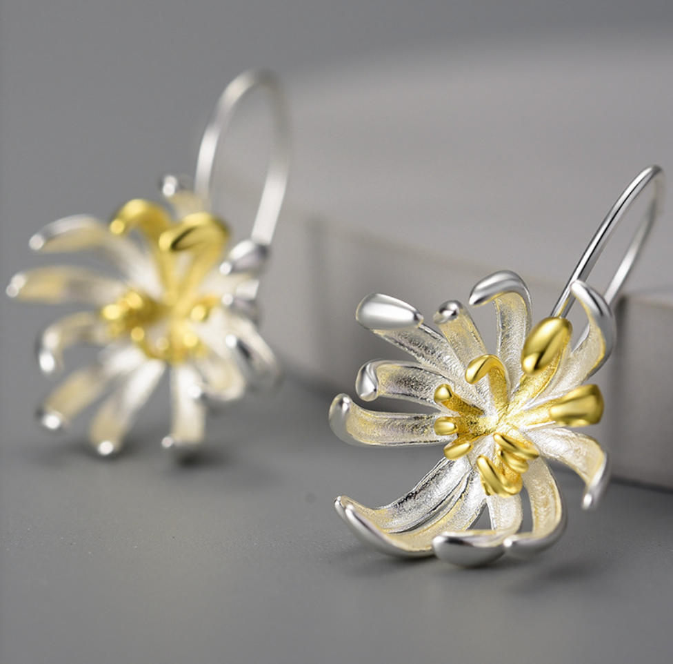 Golden Core Chrysanthemum Sterling Silver 18K Gold Plated Drop Earrings