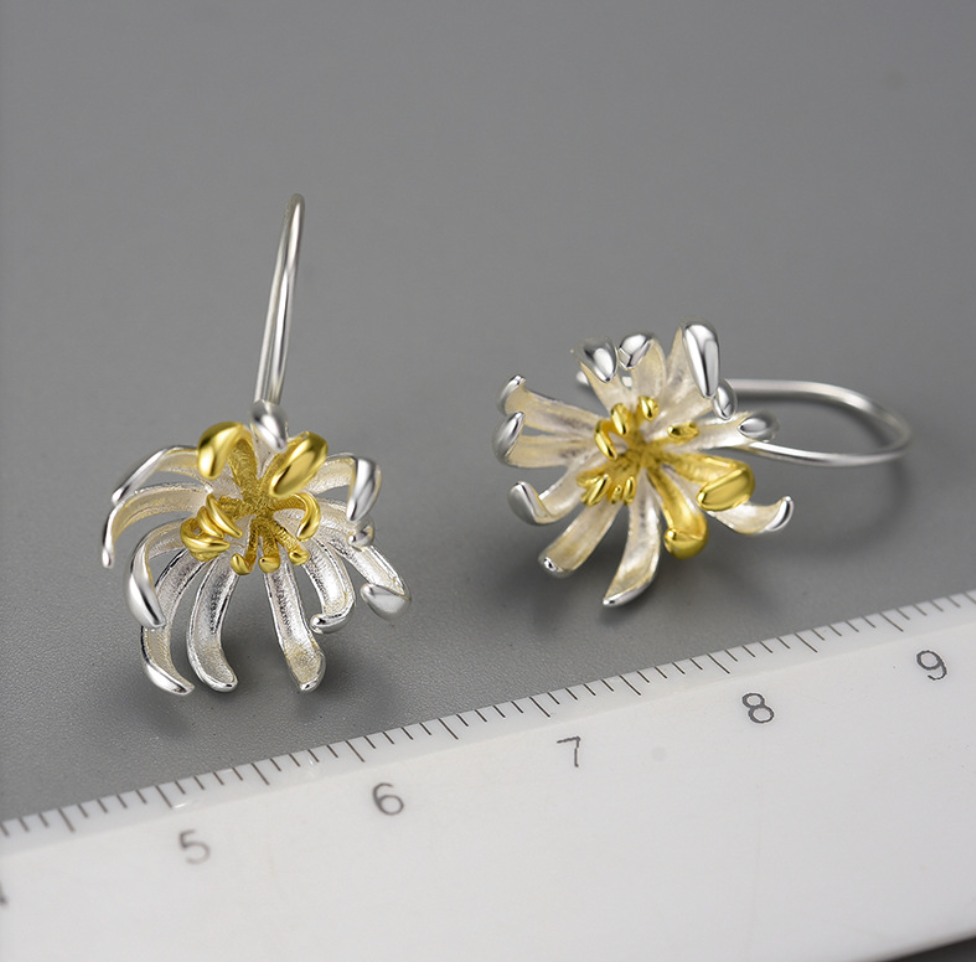 Golden Core Chrysanthemum Sterling Silver 18K Gold Plated Drop Earrings