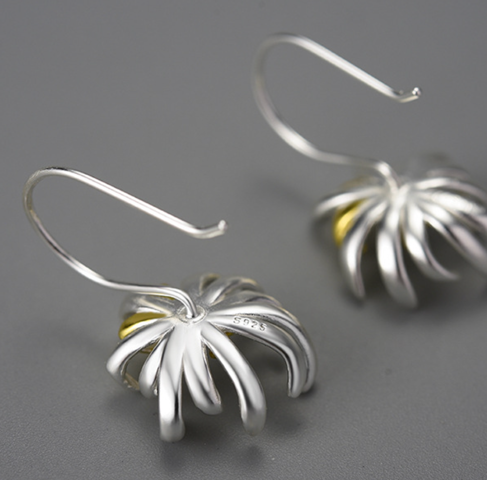 Golden Core Chrysanthemum Sterling Silver 18K Gold Plated Drop Earrings