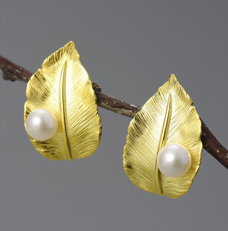 Golden Leaf & Pearl Sterling Stud Earrings,Sterling Silver 18K Gold Plated