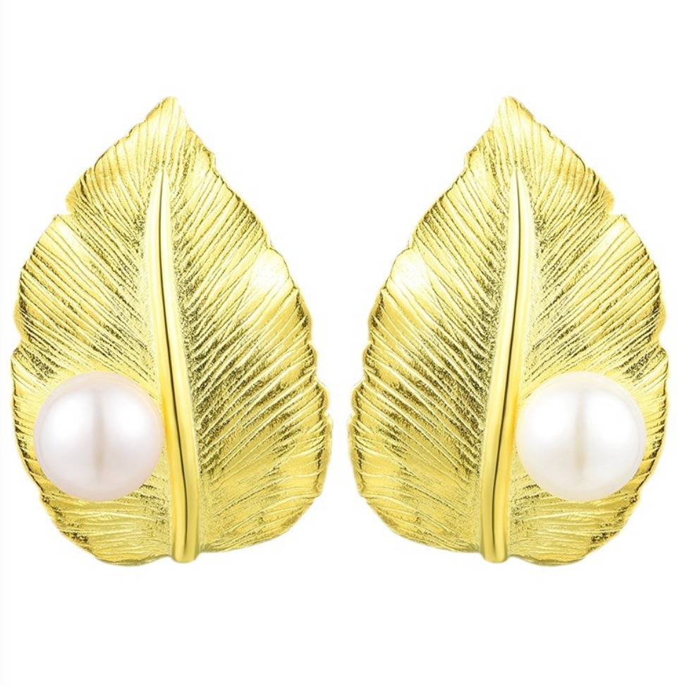 Golden Leaf & Pearl Sterling Stud Earrings,Sterling Silver 18K Gold Plated